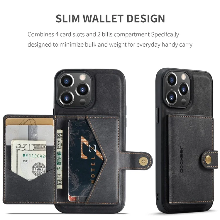 JEEHOOD J01 Para iPhone 13 Pro Capa de Couro+TPU Capa de Telefone Porta-Cartão Destacável Magnético - Preto