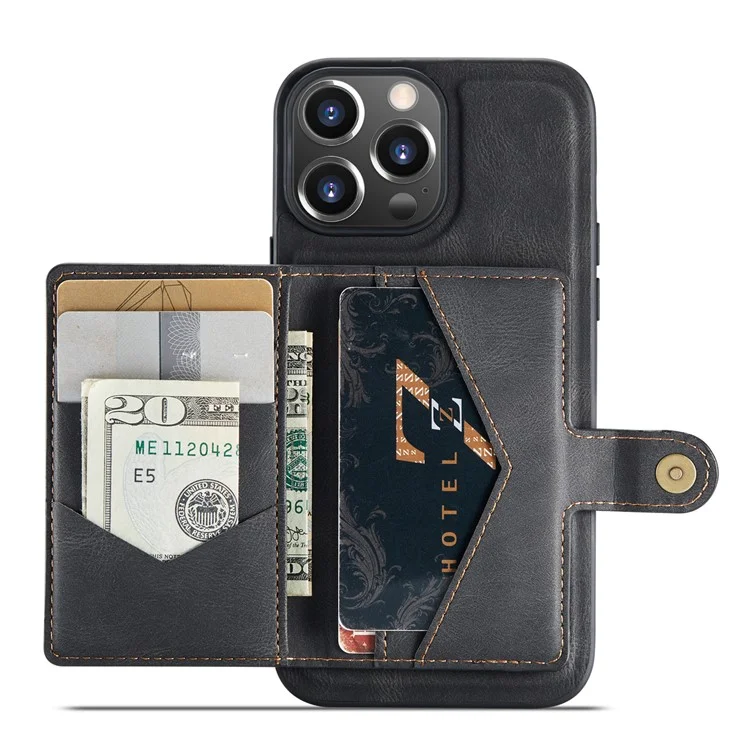 JEEHOOD J01 Para iPhone 13 Pro Capa de Couro+TPU Capa de Telefone Porta-Cartão Destacável Magnético - Preto