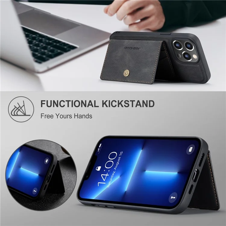 JEEHOOD J01 Para iPhone 13 Pro Capa de Couro+TPU Capa de Telefone Porta-Cartão Destacável Magnético - Preto