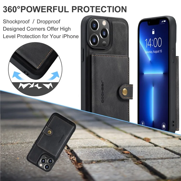 JEEHOOD J01 Para iPhone 13 Pro Capa de Couro+TPU Capa de Telefone Porta-Cartão Destacável Magnético - Preto