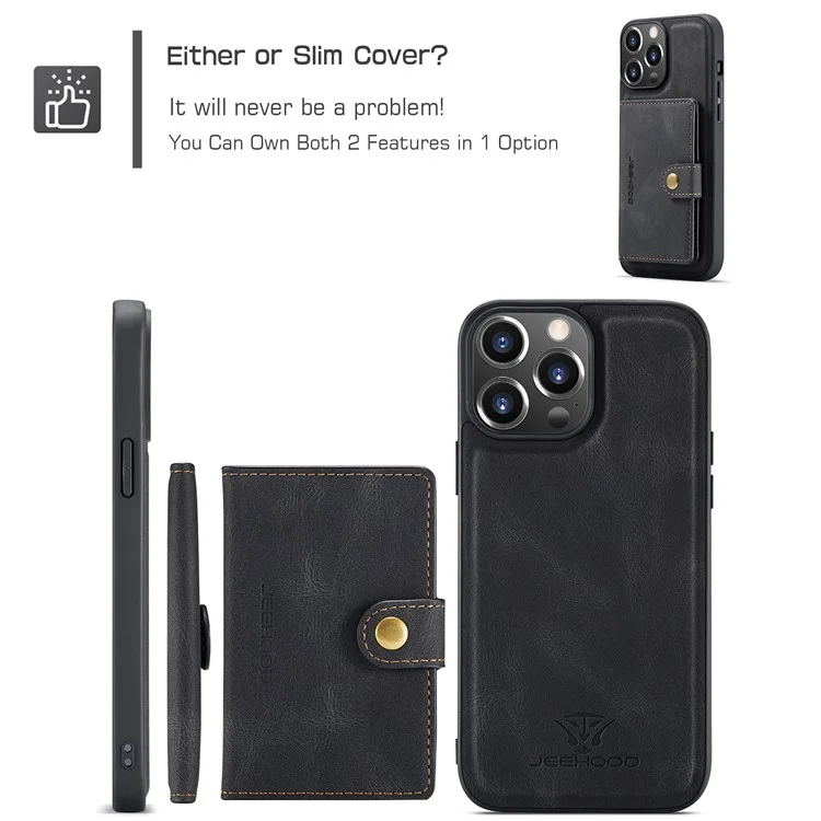 JEEHOOD J01 Para iPhone 13 Pro Capa de Couro+TPU Capa de Telefone Porta-Cartão Destacável Magnético - Preto