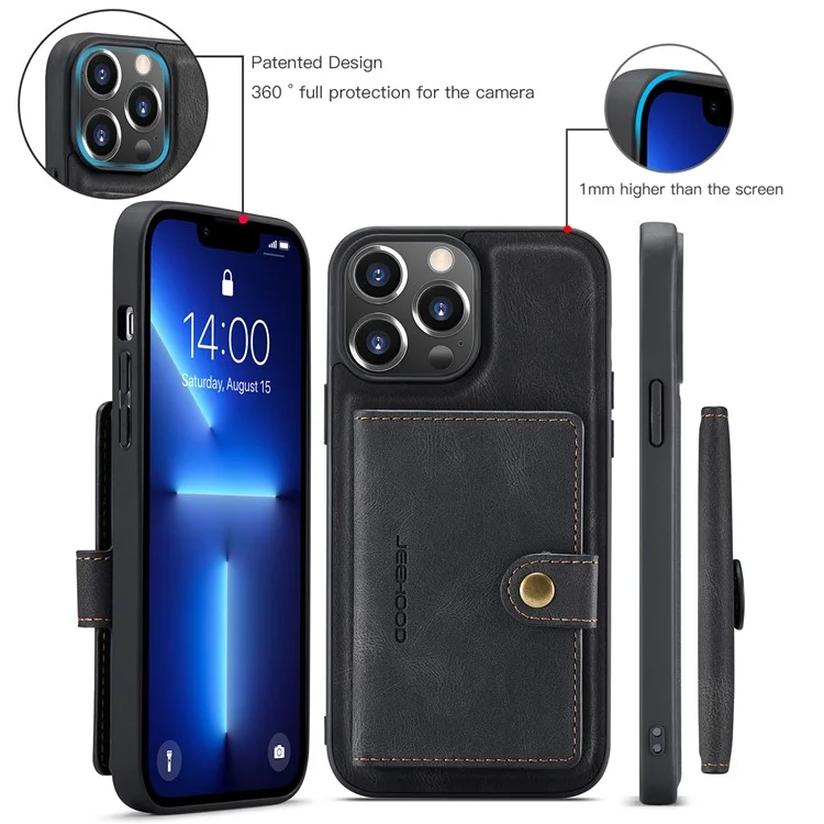 JEEHOOD J01 Para iPhone 13 Pro Capa de Couro+TPU Capa de Telefone Porta-Cartão Destacável Magnético - Preto