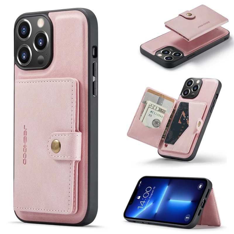 JEEHOOD J01 For iPhone 13 Pro Case Leather+TPU Phone Cover Card Holder Detachable Magnetic Back - Pink