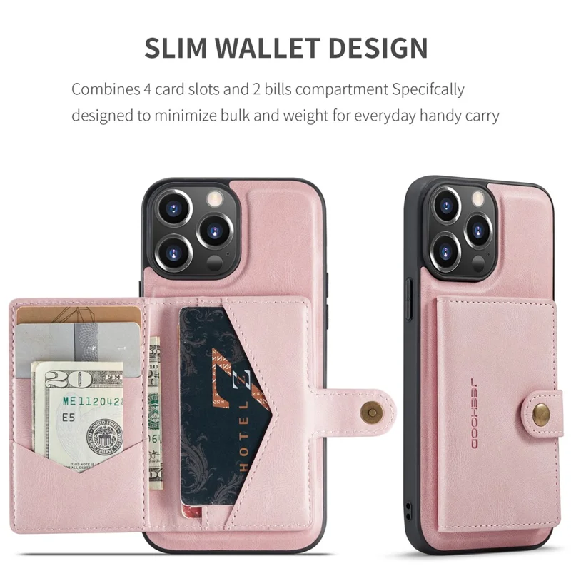 JEEHOOD J01 For iPhone 13 Pro Case Leather+TPU Phone Cover Card Holder Detachable Magnetic Back - Pink