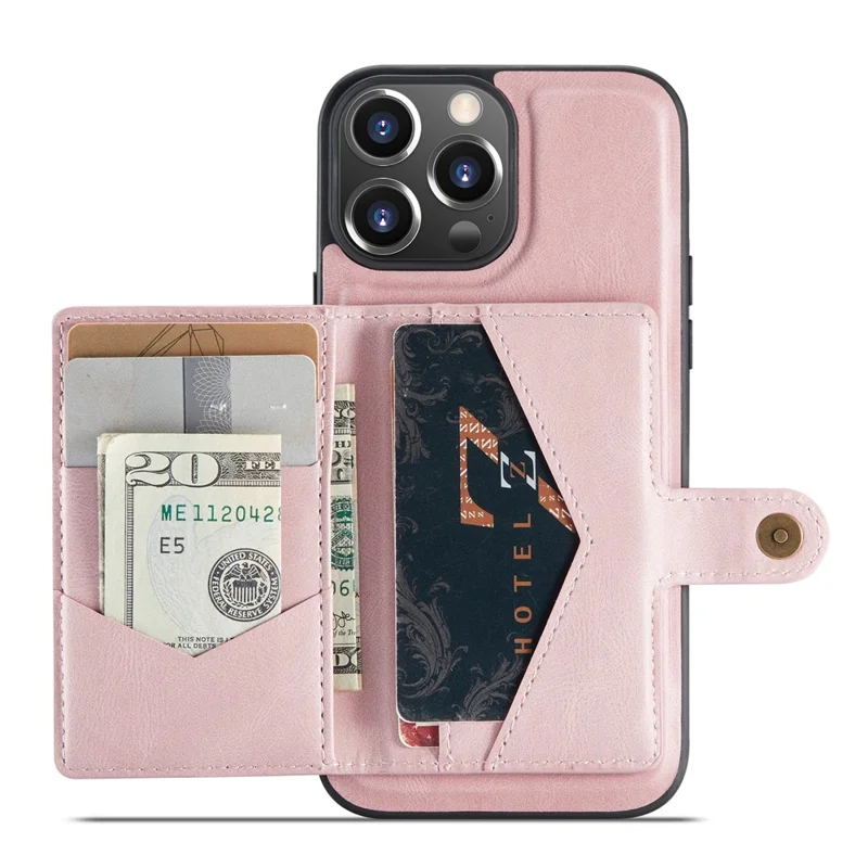 JEEHOOD J01 For iPhone 13 Pro Case Leather+TPU Phone Cover Card Holder Detachable Magnetic Back - Pink