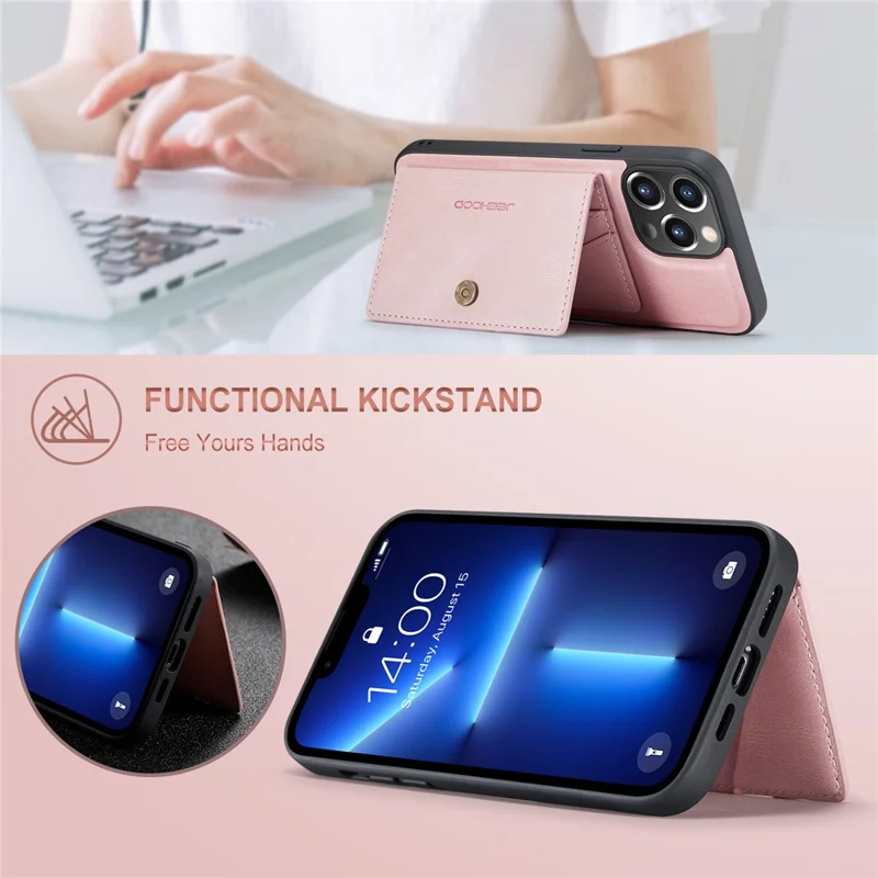 JEEHOOD J01 For iPhone 13 Pro Case Leather+TPU Phone Cover Card Holder Detachable Magnetic Back - Pink