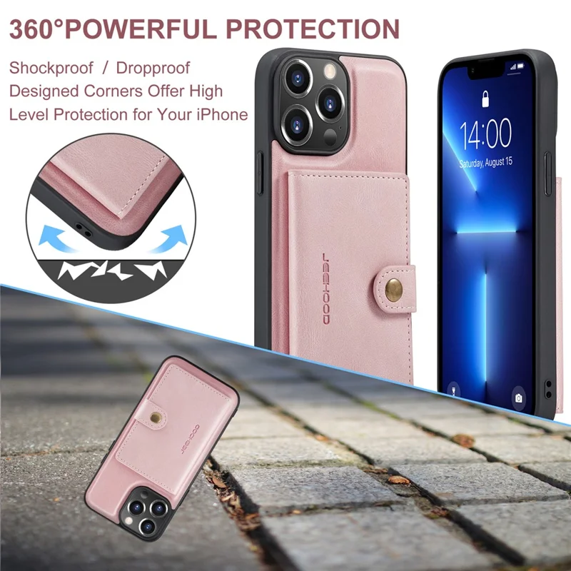 JEEHOOD J01 For iPhone 13 Pro Case Leather+TPU Phone Cover Card Holder Detachable Magnetic Back - Pink