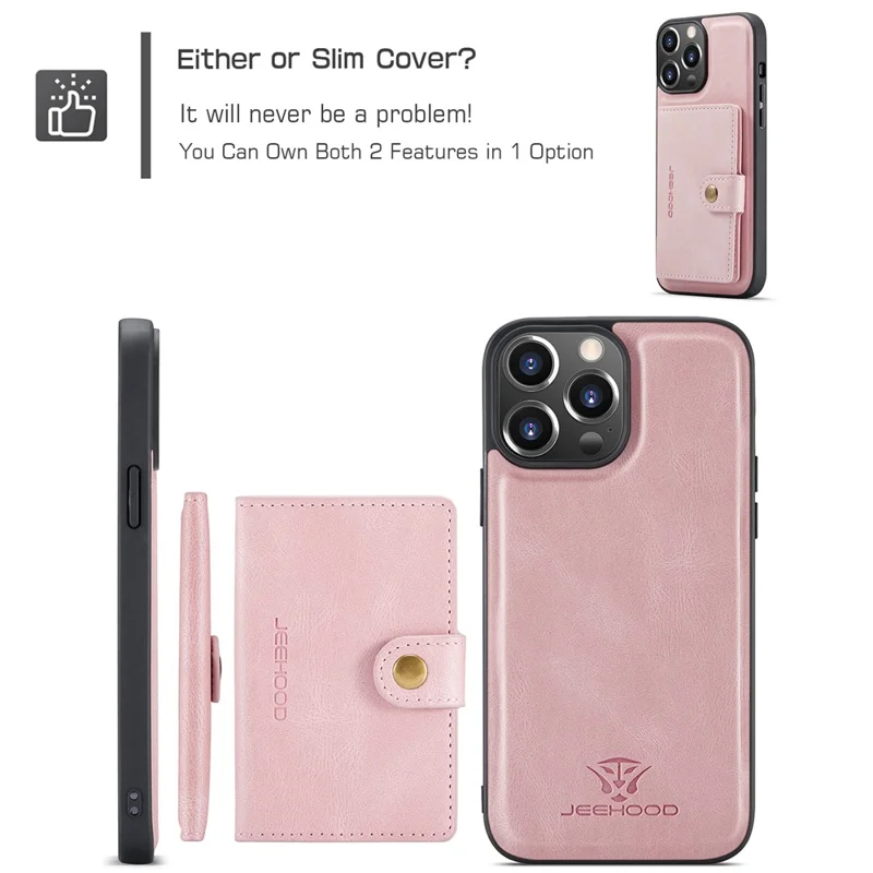 JEEHOOD J01 For iPhone 13 Pro Case Leather+TPU Phone Cover Card Holder Detachable Magnetic Back - Pink