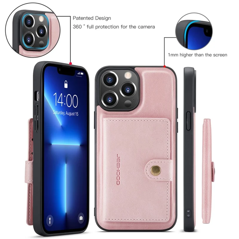 JEEHOOD J01 For iPhone 13 Pro Case Leather+TPU Phone Cover Card Holder Detachable Magnetic Back - Pink