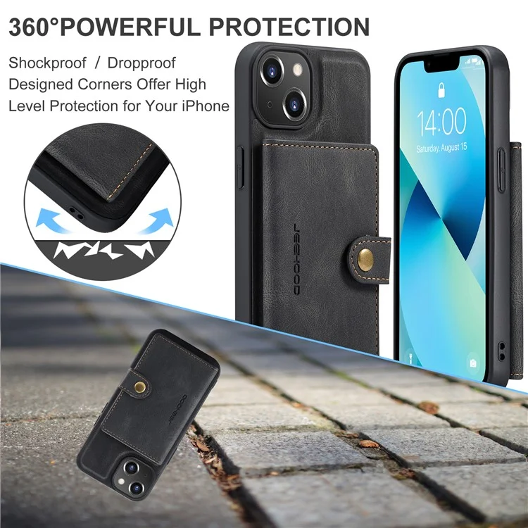 JEEHOOD J01 Чехол для iPhone 14 из кожи + TPU, магнитный 2-в-1 съемный - Черный