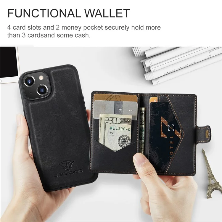 JEEHOOD J01 Чехол для iPhone 14 из кожи + TPU, магнитный 2-в-1 съемный - Черный