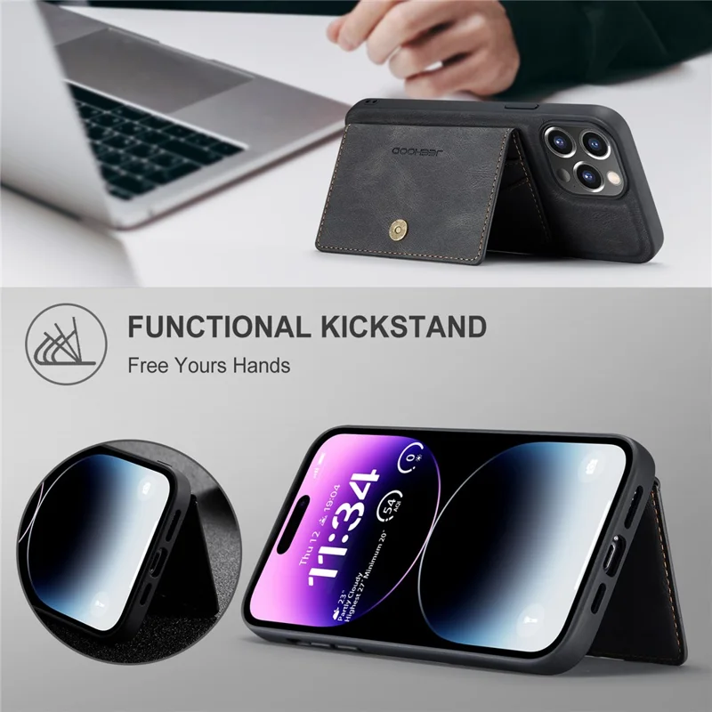 JEEHOOD J01 Hülle für iPhone 14 Pro Max, 2 in 1 Leder+TPU Handyhülle mit abnehmbarem Kartenfach - Schwarz