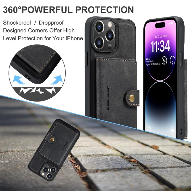JEEHOOD J01 Hülle für iPhone 14 Pro Max, 2 in 1 Leder+TPU Handyhülle mit abnehmbarem Kartenfach - Schwarz