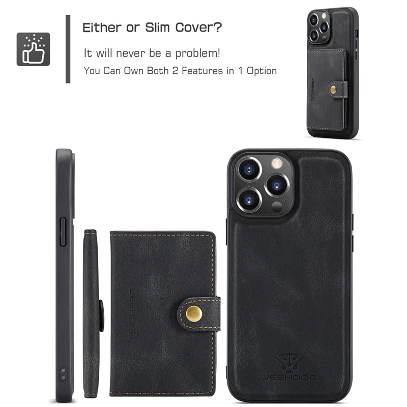 JEEHOOD J01 Hülle für iPhone 14 Pro Max, 2 in 1 Leder+TPU Handyhülle mit abnehmbarem Kartenfach - Schwarz