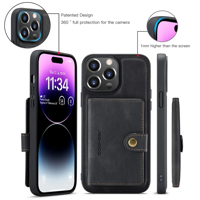 JEEHOOD J01 Hülle für iPhone 14 Pro Max, 2 in 1 Leder+TPU Handyhülle mit abnehmbarem Kartenfach - Schwarz