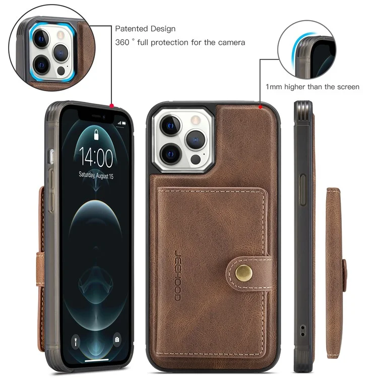 JEEHOOD J01 Чехол для iPhone 12 Pro Max Магнитный съемный кожаный чехол с держателем для карт и подставкой - коричневый