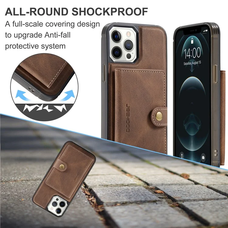 JEEHOOD J01 Чехол для iPhone 12 Pro Max Магнитный съемный кожаный чехол с держателем для карт и подставкой - коричневый