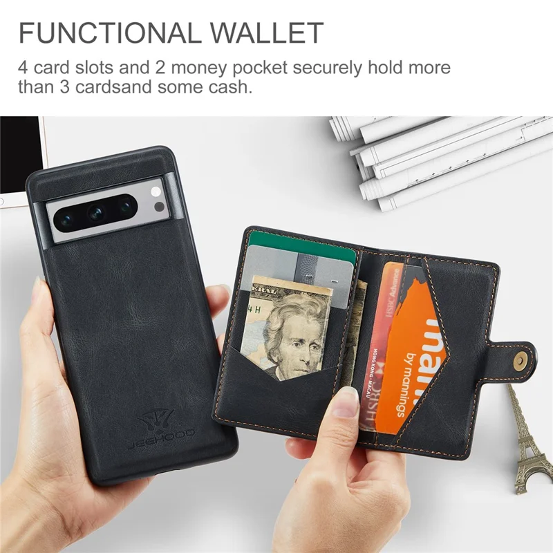 JEEHOOD J01 For Google Pixel 8 Pro Case PU Leather Card Bag Detachable 2-in-1 Back Cover - Black