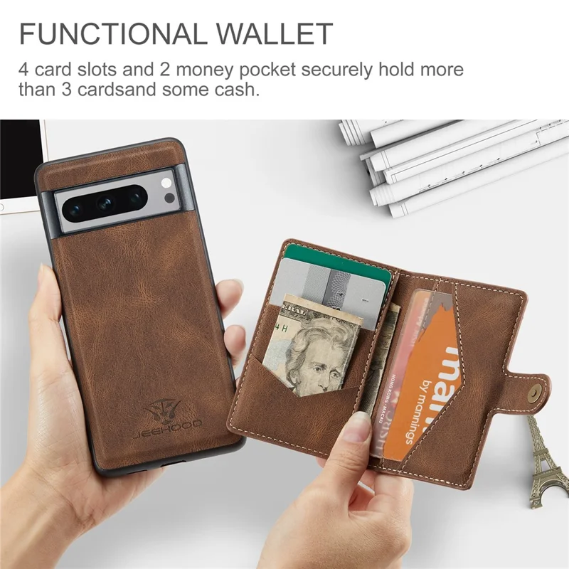 JEEHOOD J01 For Google Pixel 8 Pro Case PU Leather Card Bag Detachable 2-in-1 Back Cover - Brown