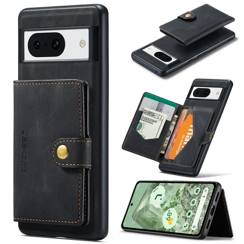 JEEHOOD J01 For Google Pixel 8a Case Leather + TPU Retro Phone Cover Detachable Magnetic Back Card Pocket - Black