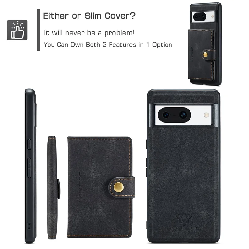 JEEHOOD J01 For Google Pixel 8a Case Leather + TPU Retro Phone Cover Detachable Magnetic Back Card Pocket - Black