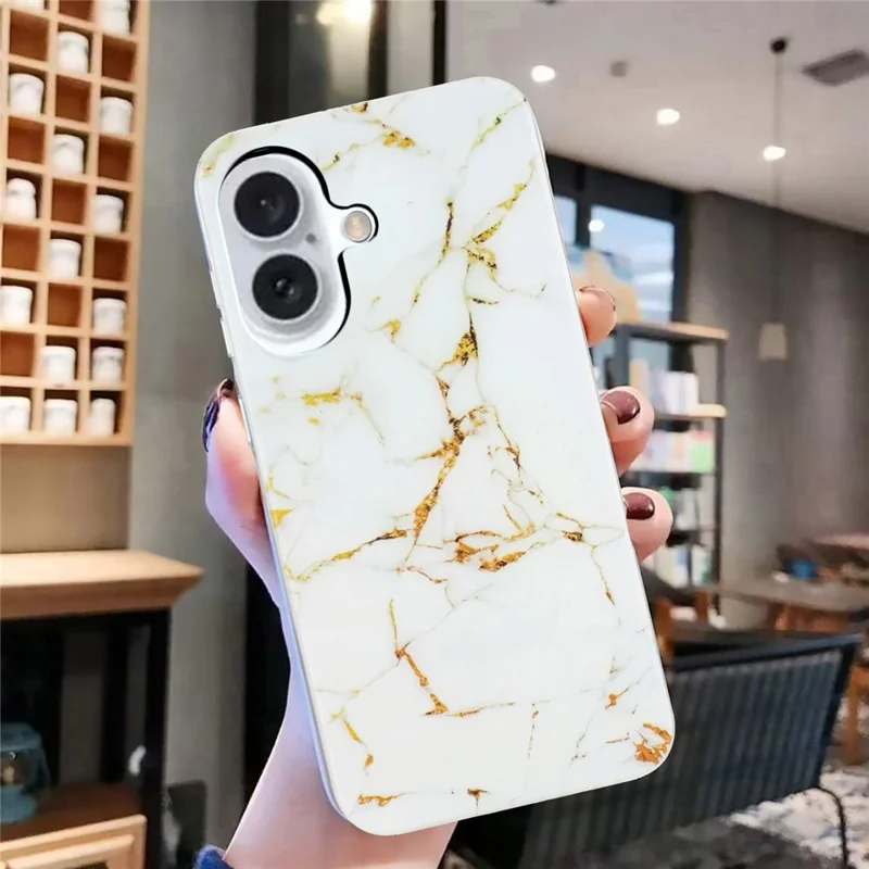 For iPhone 16 Plus Case Marble Pattern Anti-Scratch TPU Soft Phone Cover - White