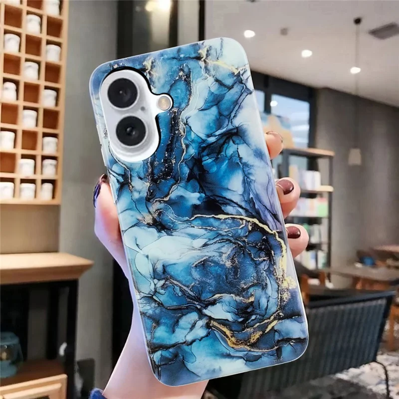 For iPhone 16 Plus Case Marble Pattern Anti-scratch TPU Soft Phone Cover - Grey