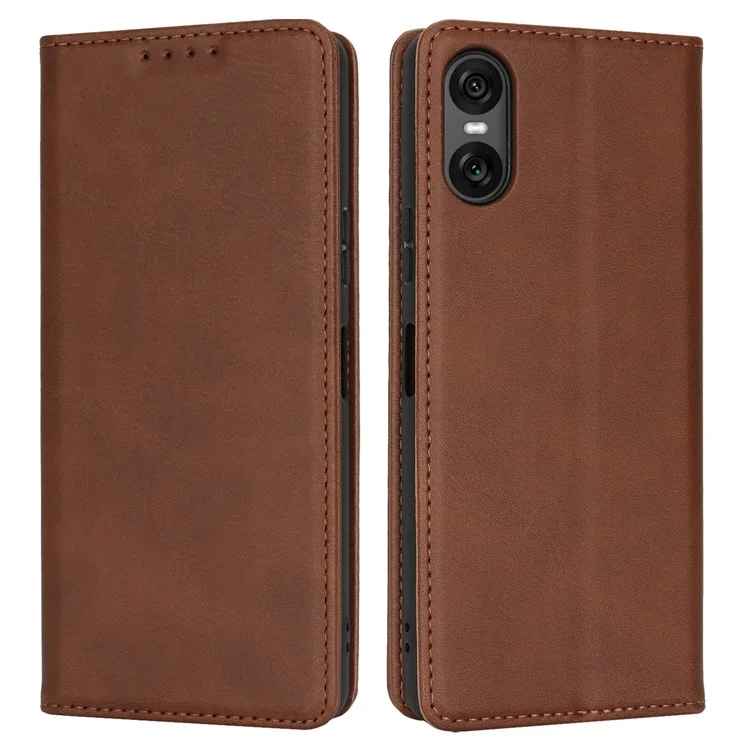 Für Sony Xperia 10 VI Case PU Leder Kalbleder-Textur Magnetverschluss Smart Phone Cover - Dunkelbraun