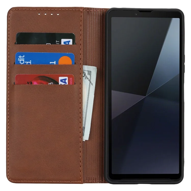 Für Sony Xperia 10 VI Case PU Leder Kalbleder-Textur Magnetverschluss Smart Phone Cover - Dunkelbraun
