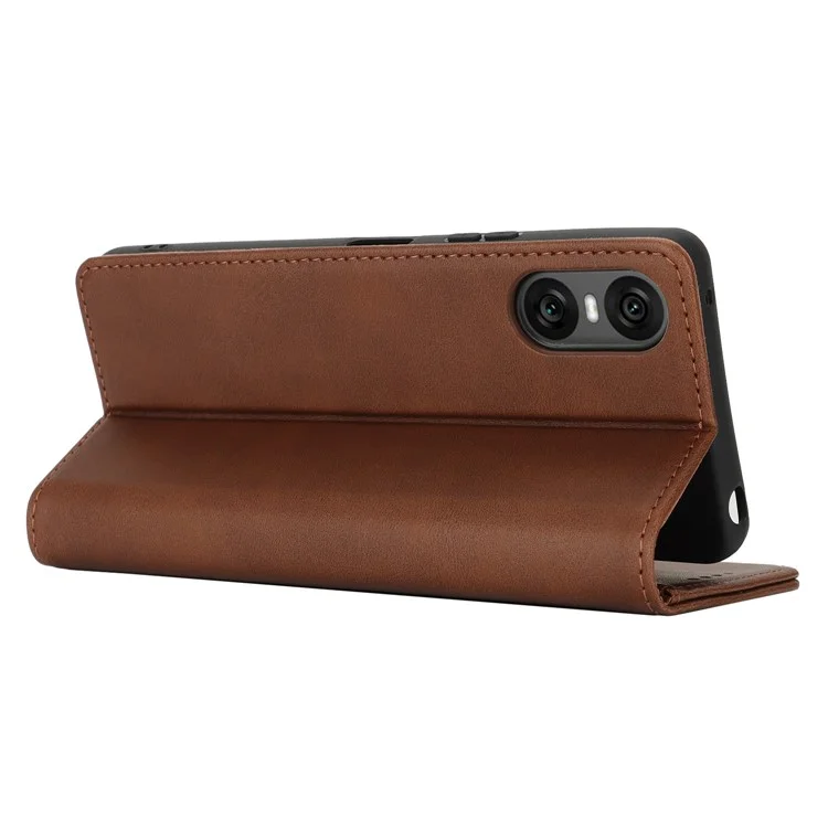 Für Sony Xperia 10 VI Case PU Leder Kalbleder-Textur Magnetverschluss Smart Phone Cover - Dunkelbraun