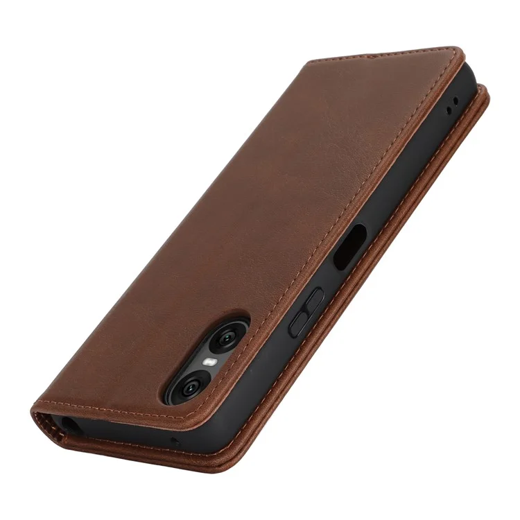 Für Sony Xperia 10 VI Case PU Leder Kalbleder-Textur Magnetverschluss Smart Phone Cover - Dunkelbraun