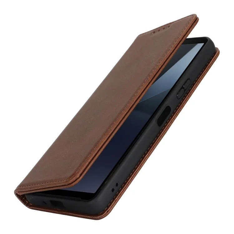 Für Sony Xperia 10 VI Case PU Leder Kalbleder-Textur Magnetverschluss Smart Phone Cover - Dunkelbraun