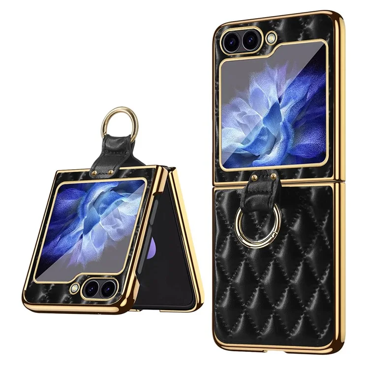For Samsung Galaxy Z Flip6 5G Case Rhombus Grid Phone Cover with Tempered Glass Film - Black