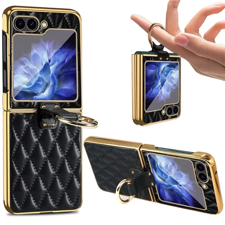 For Samsung Galaxy Z Flip6 5G Case Rhombus Grid Phone Cover with Tempered Glass Film - Black