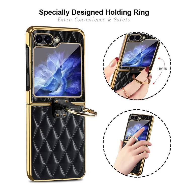 For Samsung Galaxy Z Flip6 5G Case Rhombus Grid Phone Cover with Tempered Glass Film - Black