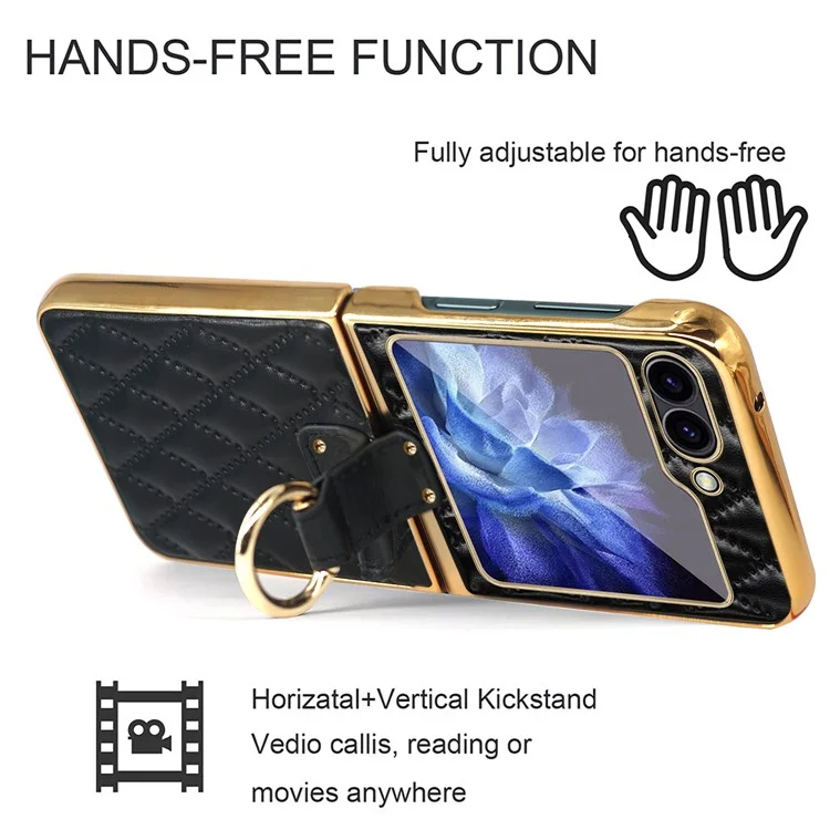 For Samsung Galaxy Z Flip6 5G Case Rhombus Grid Phone Cover with Tempered Glass Film - Black