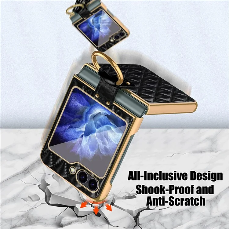 For Samsung Galaxy Z Flip6 5G Case Rhombus Grid Phone Cover with Tempered Glass Film - Black