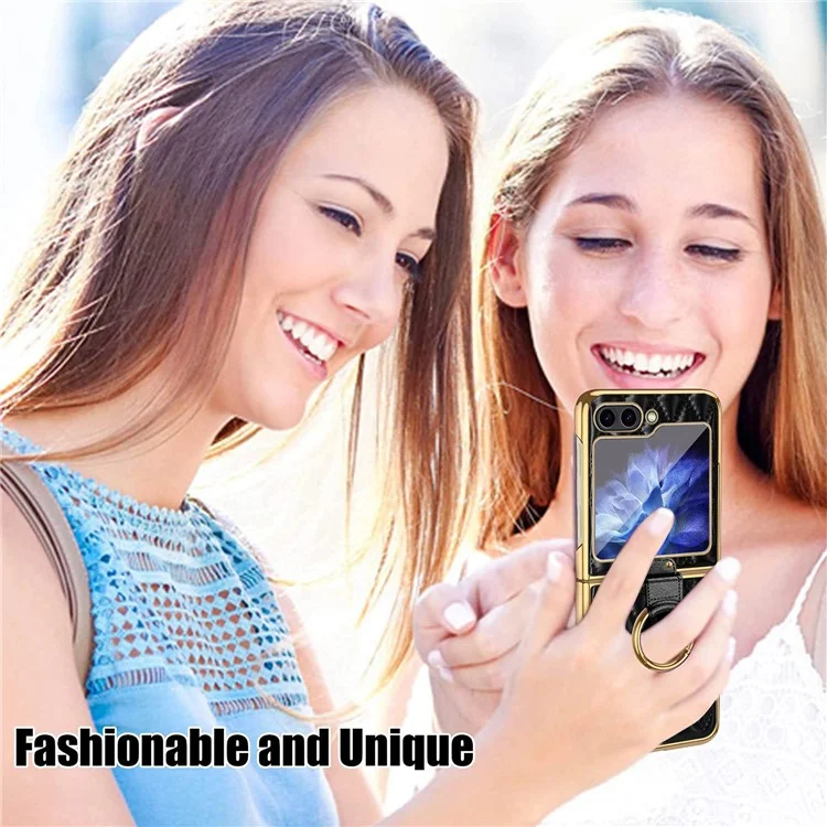 For Samsung Galaxy Z Flip6 5G Case Rhombus Grid Phone Cover with Tempered Glass Film - Black