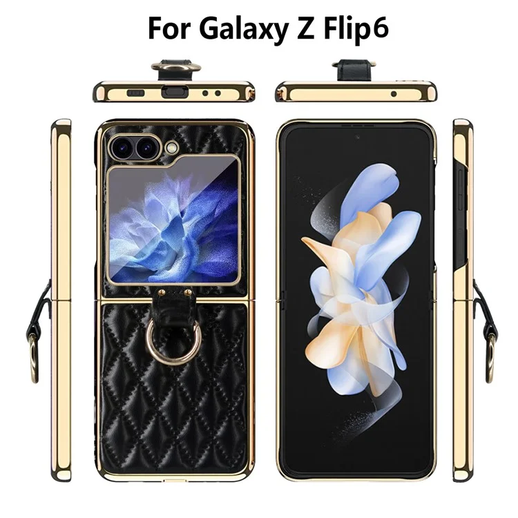 For Samsung Galaxy Z Flip6 5G Case Rhombus Grid Phone Cover with Tempered Glass Film - Black
