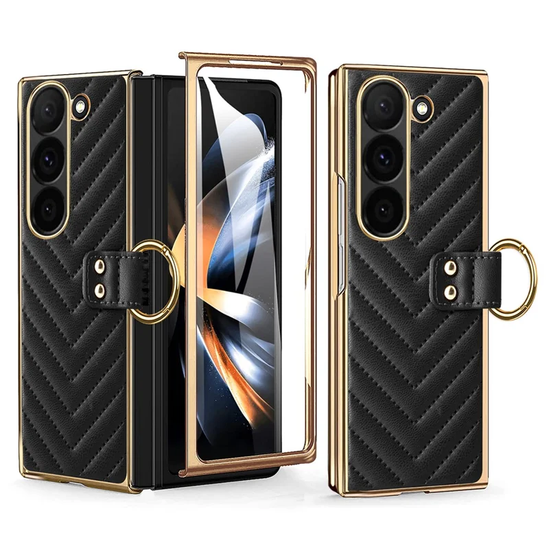 Per Samsung Galaxy Z Fold6 5G Case V-Shape Pattern Kickstand PC Phone Cover - Nero