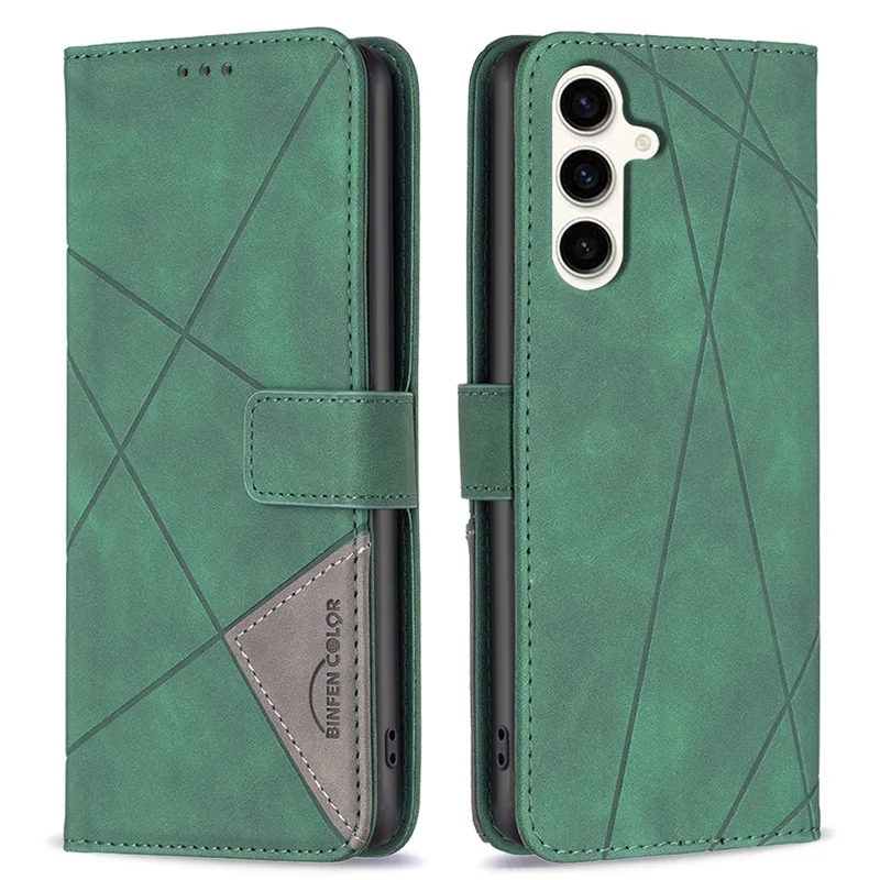 BINFEN COLOR For Samsung Galaxy M35 5G Phone Cases Wallet Stand Geometry Imprint Leather Cover - Green