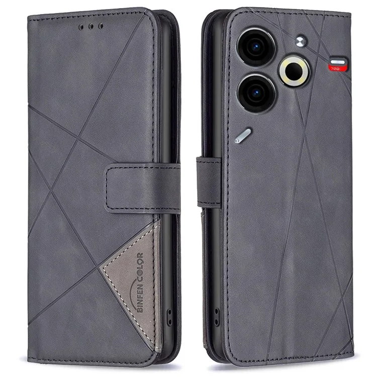 BINFEN COLOR For TECNO Pova 6 Neo Phone Cases Wallet Stand Geometry Imprinted Leather Cover - Black