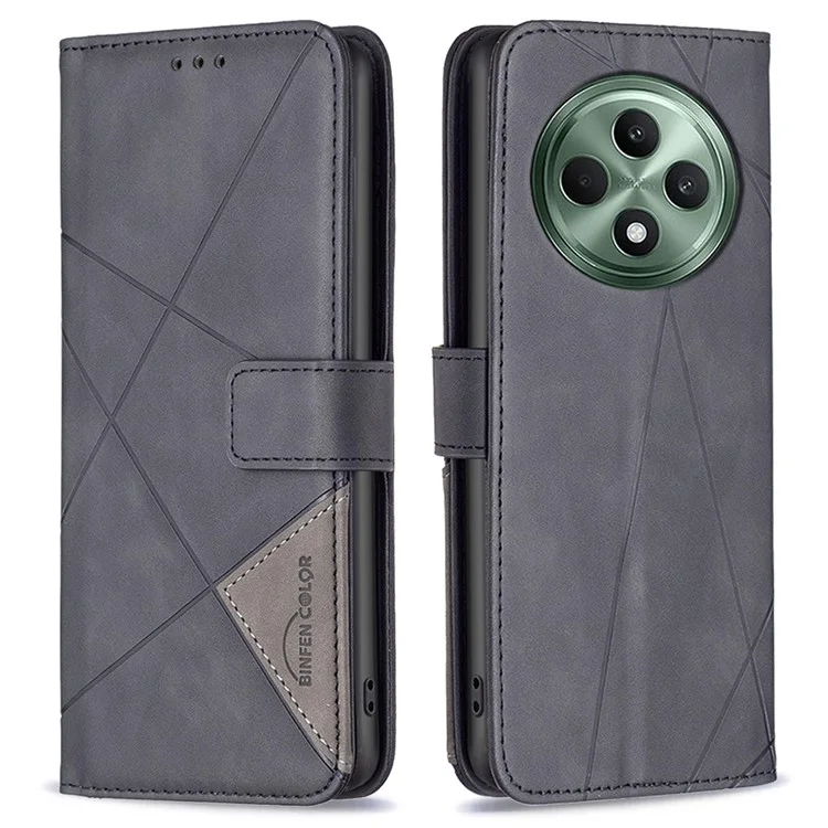 BINFEN COLOR For Oppo Reno12 F 5G Phone Cases Wallet Stand Geometry Imprinted Leather Cover - Black