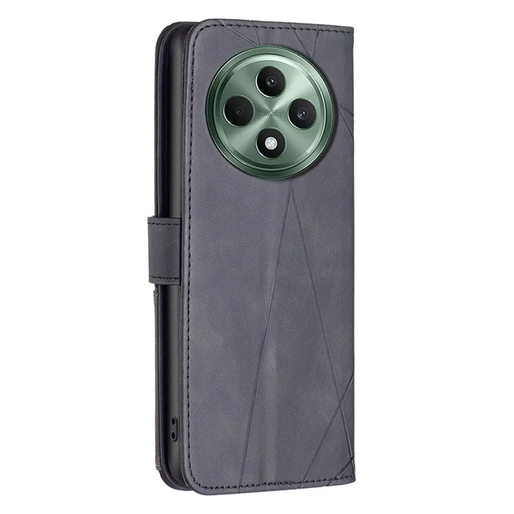 BINFEN COLOR For Oppo Reno12 F 5G Phone Cases Wallet Stand Geometry Imprinted Leather Cover - Black