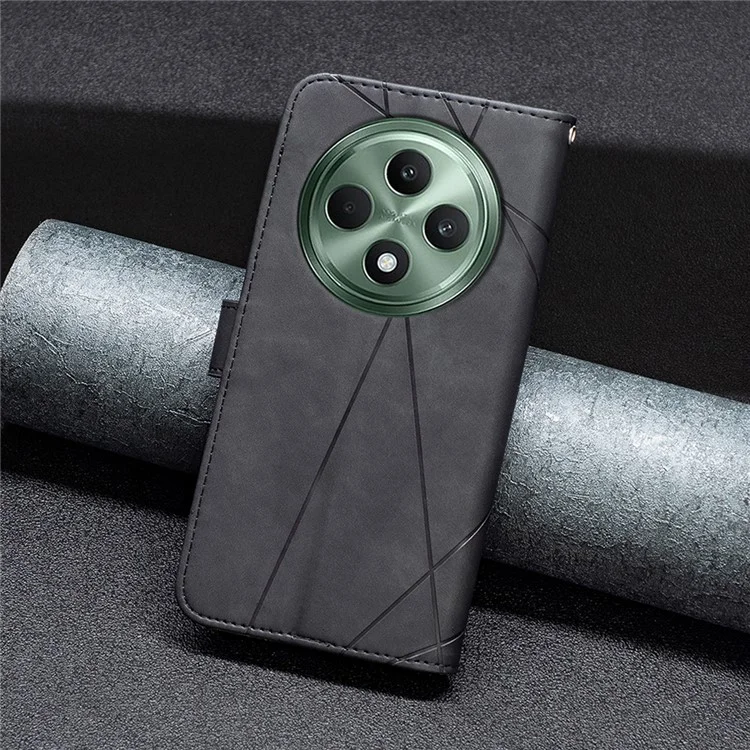 BINFEN COLOR For Oppo Reno12 F 5G Phone Cases Wallet Stand Geometry Imprinted Leather Cover - Black