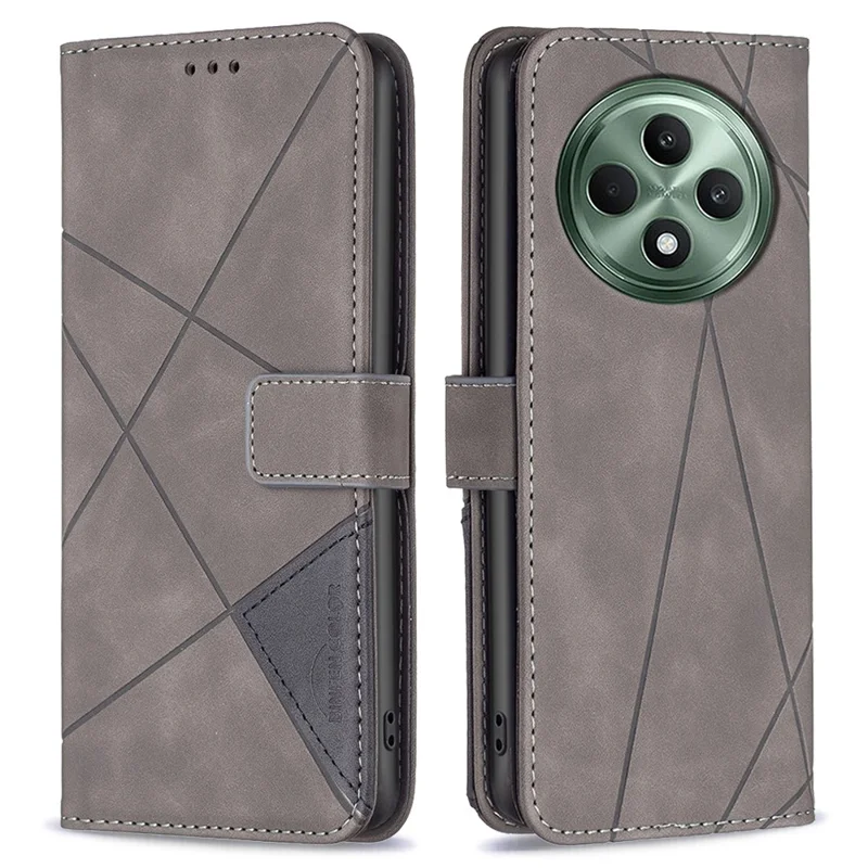 BINFEN COLOR For Oppo Reno12 F 5G Phone Cases Wallet Stand Geometry Imprint Leather Cover - Grey