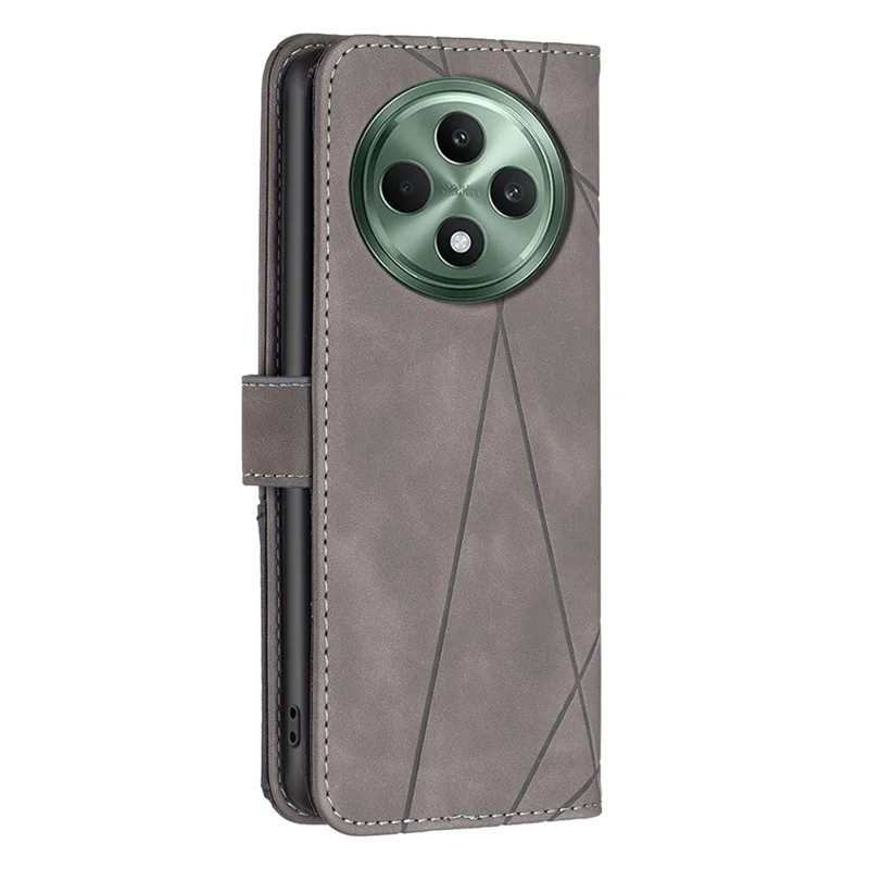 BINFEN COLOR For Oppo Reno12 F 5G Phone Cases Wallet Stand Geometry Imprint Leather Cover - Grey