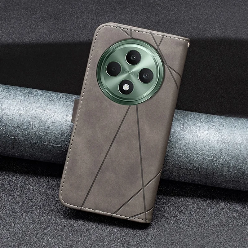BINFEN COLOR For Oppo Reno12 F 5G Phone Cases Wallet Stand Geometry Imprint Leather Cover - Grey
