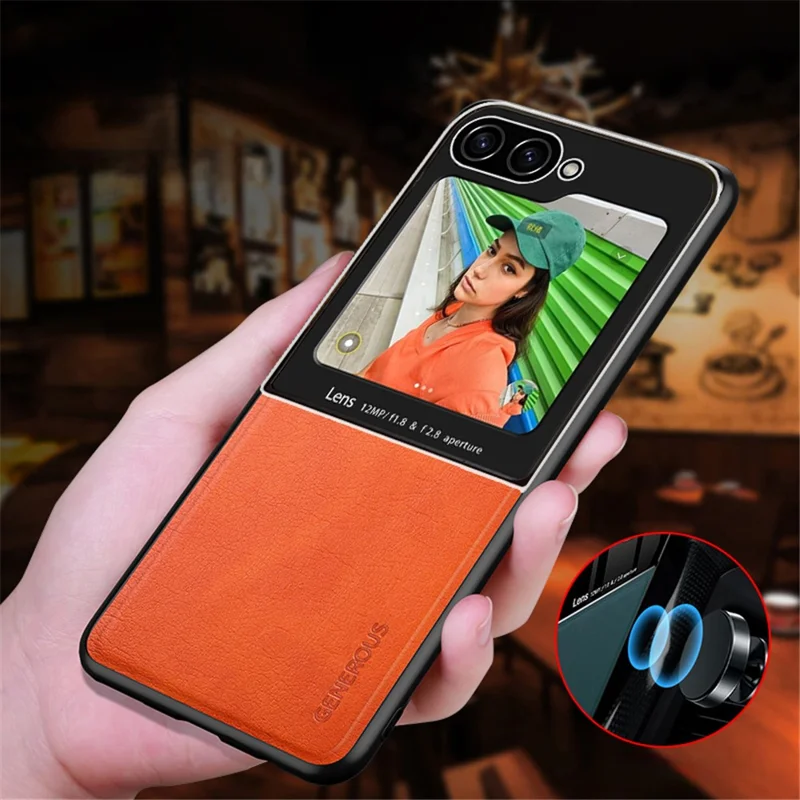 For Samsung Galaxy Z Flip7 FE 5G / Z Flip6 5G Case Leather Back Cover with Rear Small Screen Protector - Orange