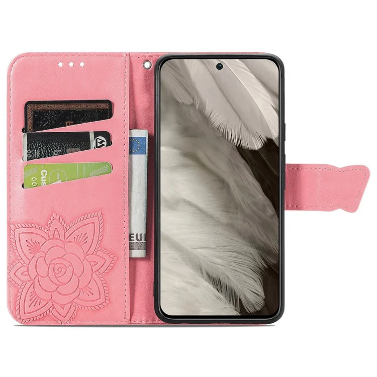 Per Google Pixel 8 Case Butterfly Flower Leather Phone Cover 3D Rhinestone Decor - Pink
